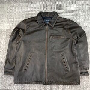 Cherokee Mens XL Brown Genuine Leather Jacket Full Zip Distressed Workwear Coat
